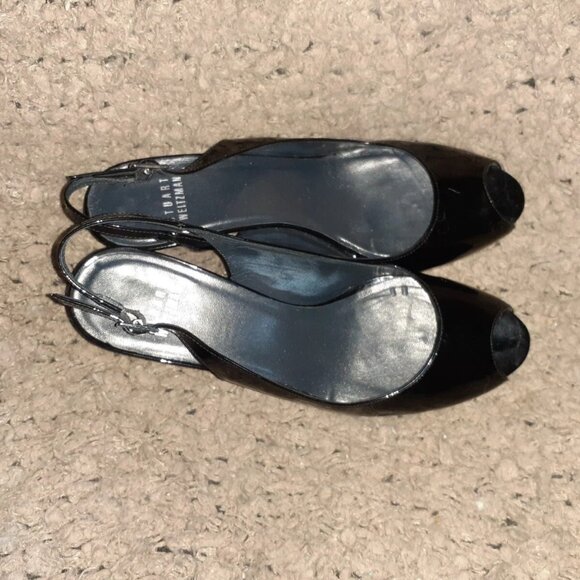 STUART WEITZMAN-Black Patent Leather Peep Toe-Stiletto-Sz 8-Excellent - Picture 5 of 6